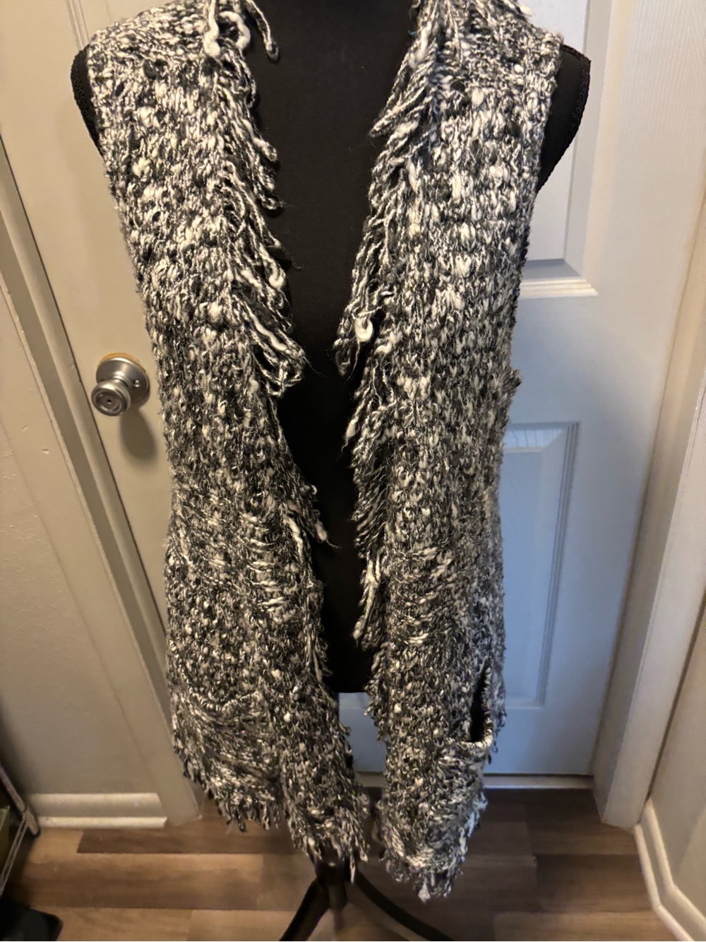 Chico's Black & White Marled Fringe Open-Front Vest